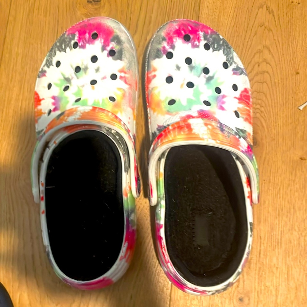 Multi colored crocs size 9